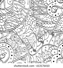 Tracery seamless pattern. Mehndi design. Ethnic monochrome binary doodle texture. Curved doodling black and white background. Vector