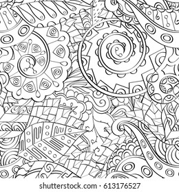Tracery seamless pattern. Mehndi design. Ethnic monochrome binary doodle texture. Curved doodling black and white background. Vector