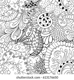 Tracery seamless pattern. Mehndi design. Ethnic monochrome binary doodle texture. Curved doodling black and white background. Vector