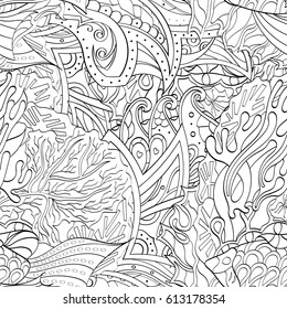 Tracery seamless pattern. Mehndi design. Ethnic monochrome binary doodle texture. Curved doodling black and white background. Vector