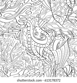 Tracery seamless pattern. Mehndi design. Ethnic monochrome binary doodle texture. Curved doodling black and white background. Vector