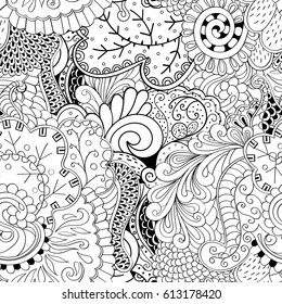 Tracery seamless pattern. Mehndi design. Ethnic monochrome binary doodle texture. Curved doodling black and white background. Vector