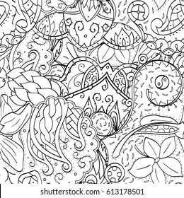 Tracery seamless pattern. Mehndi design. Ethnic monochrome binary doodle texture. Curved doodling black and white background. Vector