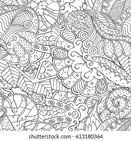 Tracery seamless pattern. Mehndi design. Ethnic monochrome binary doodle texture. Curved doodling black and white background. Vector