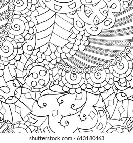 Tracery seamless pattern. Mehndi design. Ethnic monochrome binary doodle texture. Curved doodling black and white background. Vector