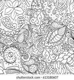 Tracery seamless pattern. Mehndi design. Ethnic monochrome binary doodle texture. Curved doodling black and white background. Vector
