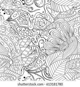 Tracery seamless pattern. Mehndi design. Ethnic monochrome binary doodle texture. Curved doodling black and white background. Vector