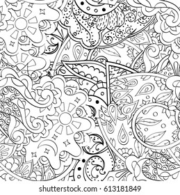 Tracery seamless pattern. Mehndi design. Ethnic monochrome binary doodle texture. Curved doodling black and white background. Vector