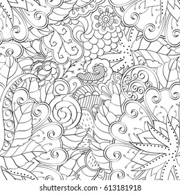 Tracery seamless pattern. Mehndi design. Ethnic monochrome binary doodle texture. Curved doodling black and white background. Vector