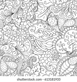 Tracery seamless pattern. Mehndi design. Ethnic monochrome binary doodle texture. Curved doodling black and white background. Vector