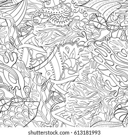 Tracery seamless pattern. Mehndi design. Ethnic monochrome binary doodle texture. Curved doodling black and white background. Vector