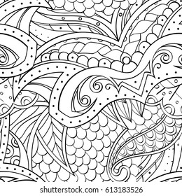 Tracery seamless pattern. Mehndi design. Ethnic monochrome binary doodle texture. Curved doodling black and white background. Vector