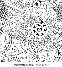 Tracery seamless pattern. Mehndi design. Ethnic monochrome binary doodle texture. Curved doodling black and white background. Vector