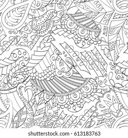 Tracery seamless pattern. Mehndi design. Ethnic monochrome binary doodle texture. Curved doodling black and white background. Vector