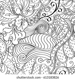 Tracery seamless pattern. Mehndi design. Ethnic monochrome binary doodle texture. Curved doodling black and white background. Vector