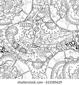Tracery seamless pattern. Mehndi design. Ethnic monochrome binary doodle texture. Curved doodling black and white background. Vector