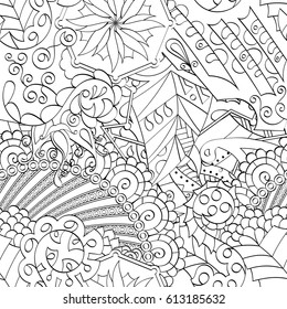 Tracery seamless pattern. Mehndi design. Ethnic monochrome binary doodle texture. Curved doodling black and white background. Vector