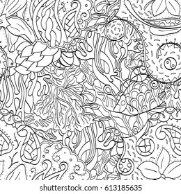 Tracery seamless pattern. Mehndi design. Ethnic monochrome binary doodle texture. Curved doodling black and white background. Vector