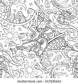 Tracery seamless pattern. Mehndi design. Ethnic monochrome binary doodle texture. Curved doodling black and white background. Vector