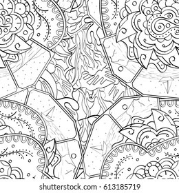 Tracery seamless pattern. Mehndi design. Ethnic monochrome binary doodle texture. Curved doodling black and white background. Vector