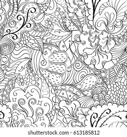 Tracery seamless pattern. Mehndi design. Ethnic monochrome binary doodle texture. Curved doodling black and white background. Vector