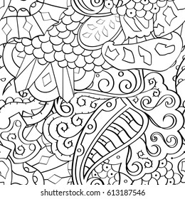 Tracery seamless pattern. Mehndi design. Ethnic monochrome binary doodle texture. Curved doodling black and white background. Vector