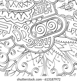 Tracery seamless pattern. Mehndi design. Ethnic monochrome binary doodle texture. Curved doodling black and white background. Vector