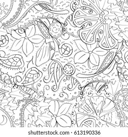 Tracery seamless pattern. Mehndi design. Ethnic monochrome binary doodle texture. Curved doodling black and white background. Vector