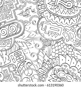 Tracery seamless pattern. Mehndi design. Ethnic monochrome binary doodle texture. Curved doodling black and white background. Vector