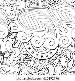 Tracery seamless pattern. Mehndi design. Ethnic monochrome binary doodle texture. Curved doodling black and white background. Vector