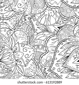 Tracery seamless pattern. Mehndi design. Ethnic monochrome binary doodle texture. Curved doodling black and white background. Vector
