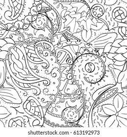 Tracery seamless pattern. Mehndi design. Ethnic monochrome binary doodle texture. Curved doodling black and white background. Vector