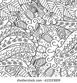 Tracery seamless pattern. Mehndi design. Ethnic monochrome binary doodle texture. Curved doodling black and white background. Vector