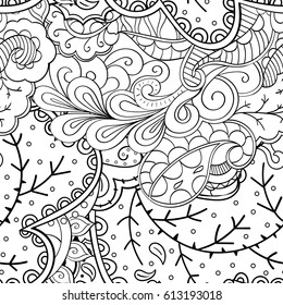 Tracery seamless pattern. Mehndi design. Ethnic monochrome binary doodle texture. Curved doodling black and white background. Vector