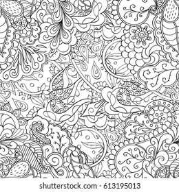 Tracery seamless pattern. Mehndi design. Ethnic monochrome binary doodle texture. Curved doodling black and white background. Vector