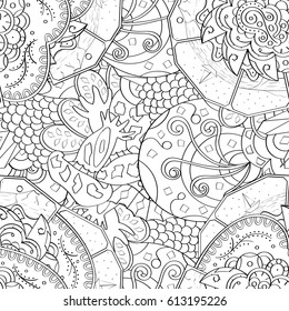 Tracery seamless pattern. Mehndi design. Ethnic monochrome binary doodle texture. Curved doodling black and white background. Vector