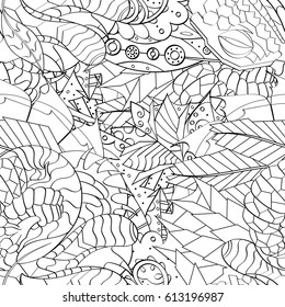 Tracery seamless pattern. Mehndi design. Ethnic monochrome binary doodle texture. Curved doodling black and white background. Vector