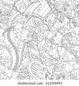 Tracery seamless pattern. Mehndi design. Ethnic monochrome binary doodle texture. Curved doodling black and white background. Vector