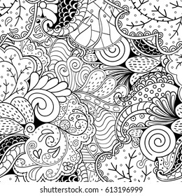 Tracery seamless pattern. Mehndi design. Ethnic monochrome binary doodle texture. Curved doodling black and white background. Vector