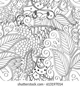 Tracery seamless pattern. Mehndi design. Ethnic monochrome binary doodle texture. Curved doodling black and white background. Vector