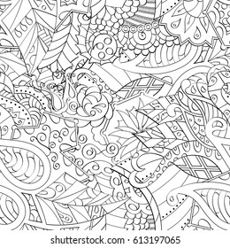 Tracery seamless pattern. Mehndi design. Ethnic monochrome binary doodle texture. Curved doodling black and white background. Vector