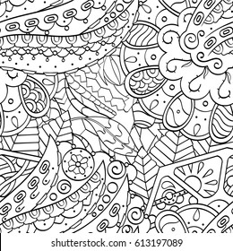 Tracery seamless pattern. Mehndi design. Ethnic monochrome binary doodle texture. Curved doodling black and white background. Vector