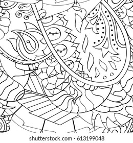 Tracery seamless pattern. Mehndi design. Ethnic monochrome binary doodle texture. Curved doodling black and white background. Vector