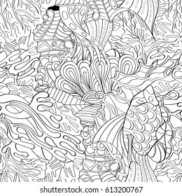 Tracery seamless pattern. Mehndi design. Ethnic monochrome binary doodle texture. Curved doodling black and white background. Vector