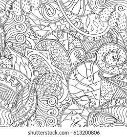 Tracery seamless pattern. Mehndi design. Ethnic monochrome binary doodle texture. Curved doodling black and white background. Vector