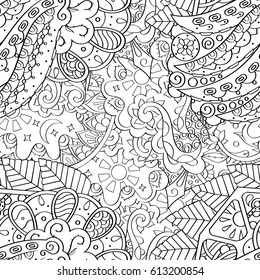 Tracery seamless pattern. Mehndi design. Ethnic monochrome binary doodle texture. Curved doodling black and white background. Vector