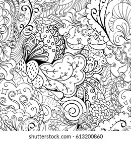 Tracery seamless pattern. Mehndi design. Ethnic monochrome binary doodle texture. Curved doodling black and white background. Vector