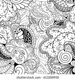 Tracery seamless pattern. Mehndi design. Ethnic monochrome binary doodle texture. Curved doodling black and white background. Vector