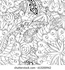 Tracery seamless pattern. Mehndi design. Ethnic monochrome binary doodle texture. Curved doodling black and white background. Vector