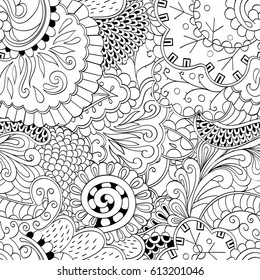 Tracery seamless pattern. Mehndi design. Ethnic monochrome binary doodle texture. Curved doodling black and white background. Vector
